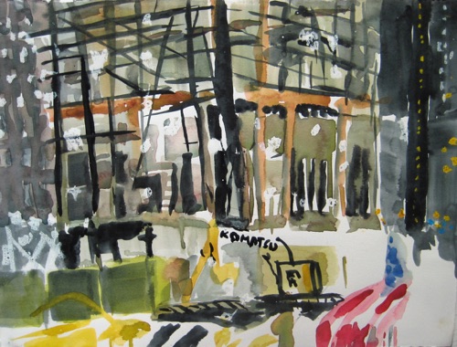 Night Construction Ground Zero (sold); 
Watercolor and Oil Pastel, 2010; 
11 x 15 in.